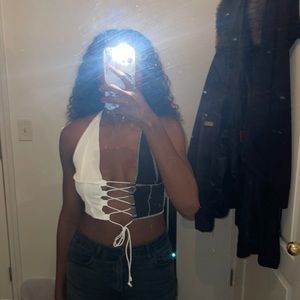 small black & white lace up crop top